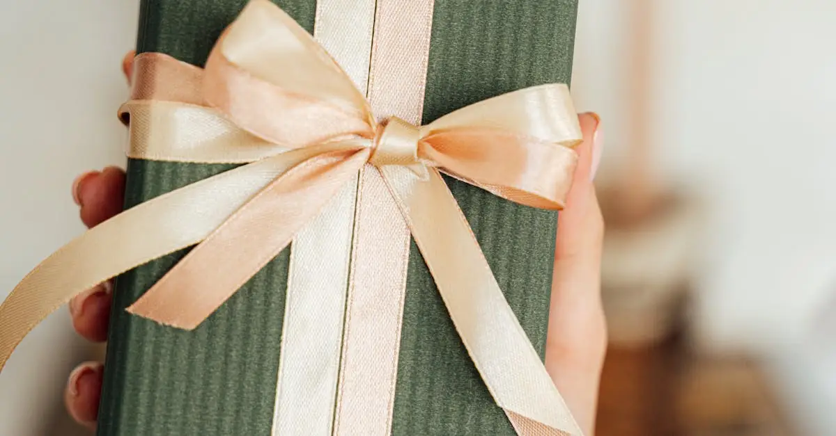 A chic green gift box wrapped with satin ribbon held by a hand, ideal for any celebration.