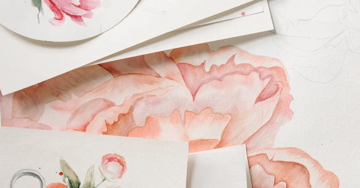 Colorful watercolor paintings of flowers with paintbrushes on white paper.